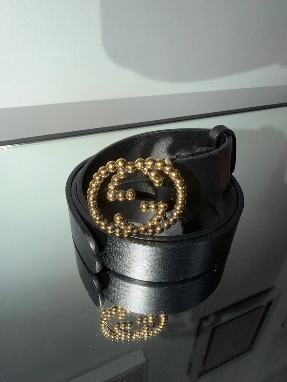 Gucci Black Leather Belt with Gold Beaded Double G Buckle